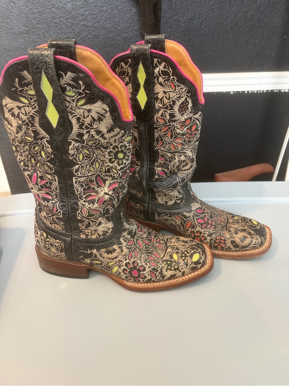 Johnny Ringo Black Floral Embossed Heeled Boots with Pink Accents - Picture 11 of 11